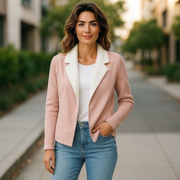 Pink Open Front Cardigan with White Trim - Picture 1 of 8